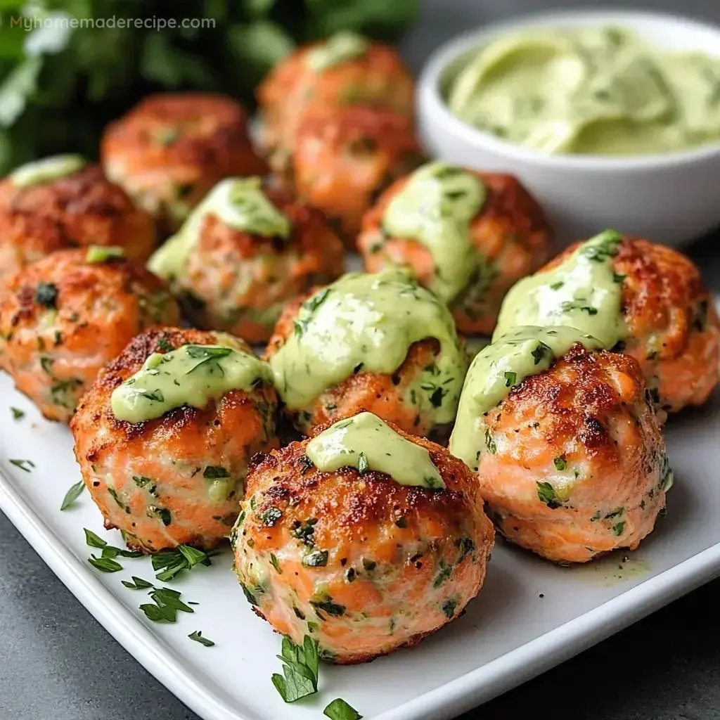 Baked salmon meatballs served with avocado sauce on a plate