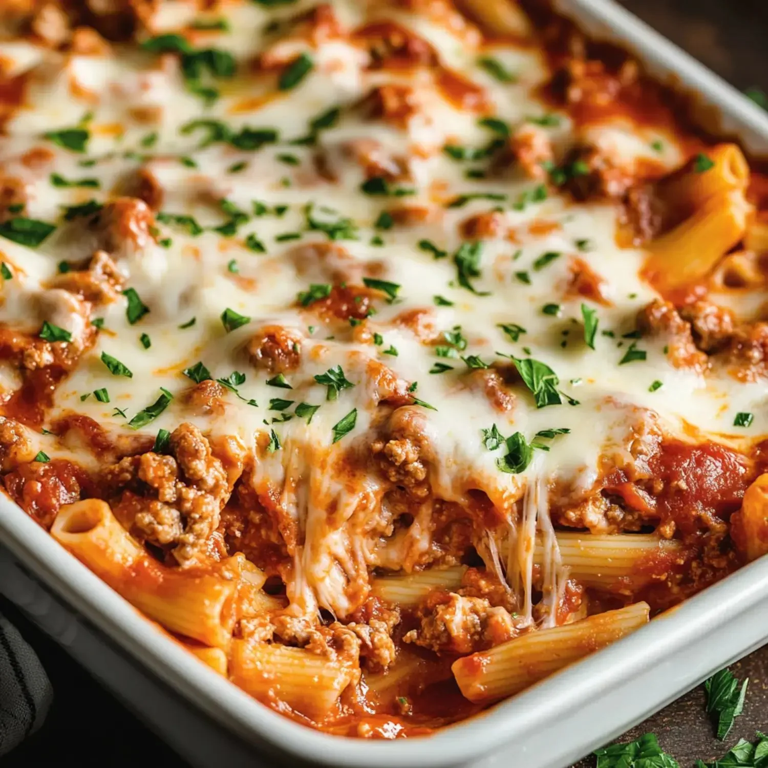 Delicious baked ziti topped with melted cheese and fresh herbs