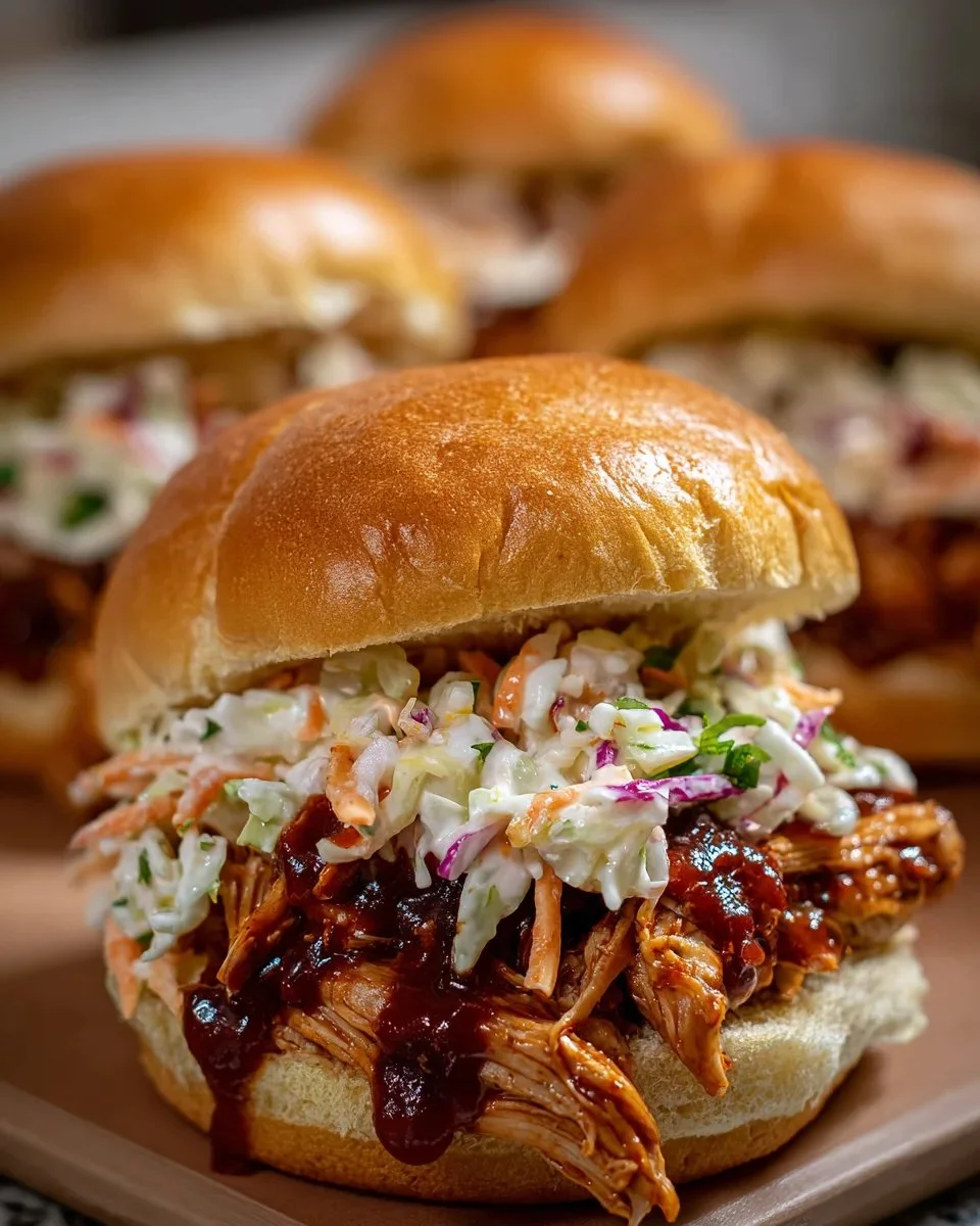 BBQ chicken sliders with tangy coleslaw on a plate