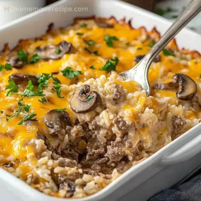 Delicious Beef Rice Casserole served in a baking dish