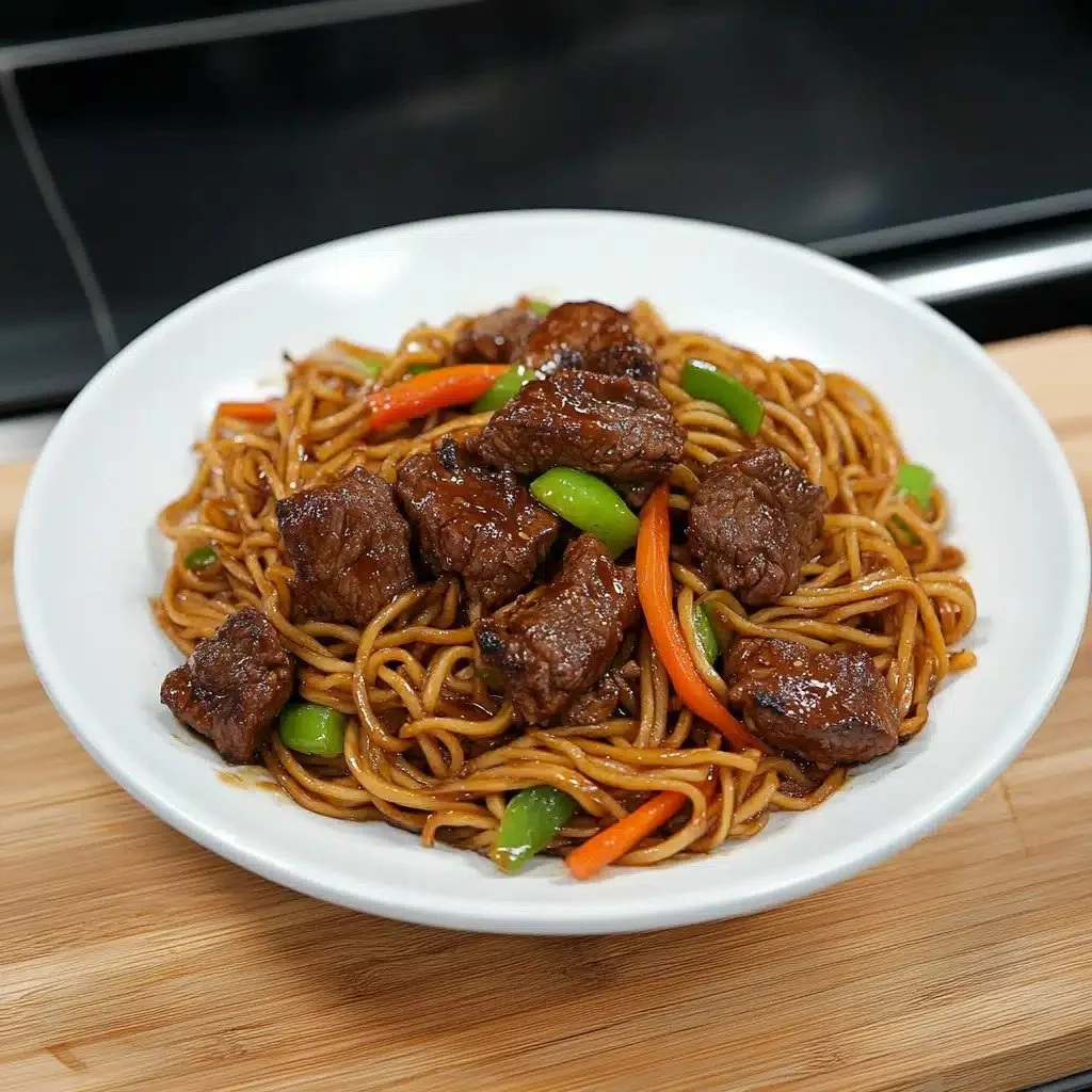 Homemade Beef Lo Mein served with vegetables and noodles