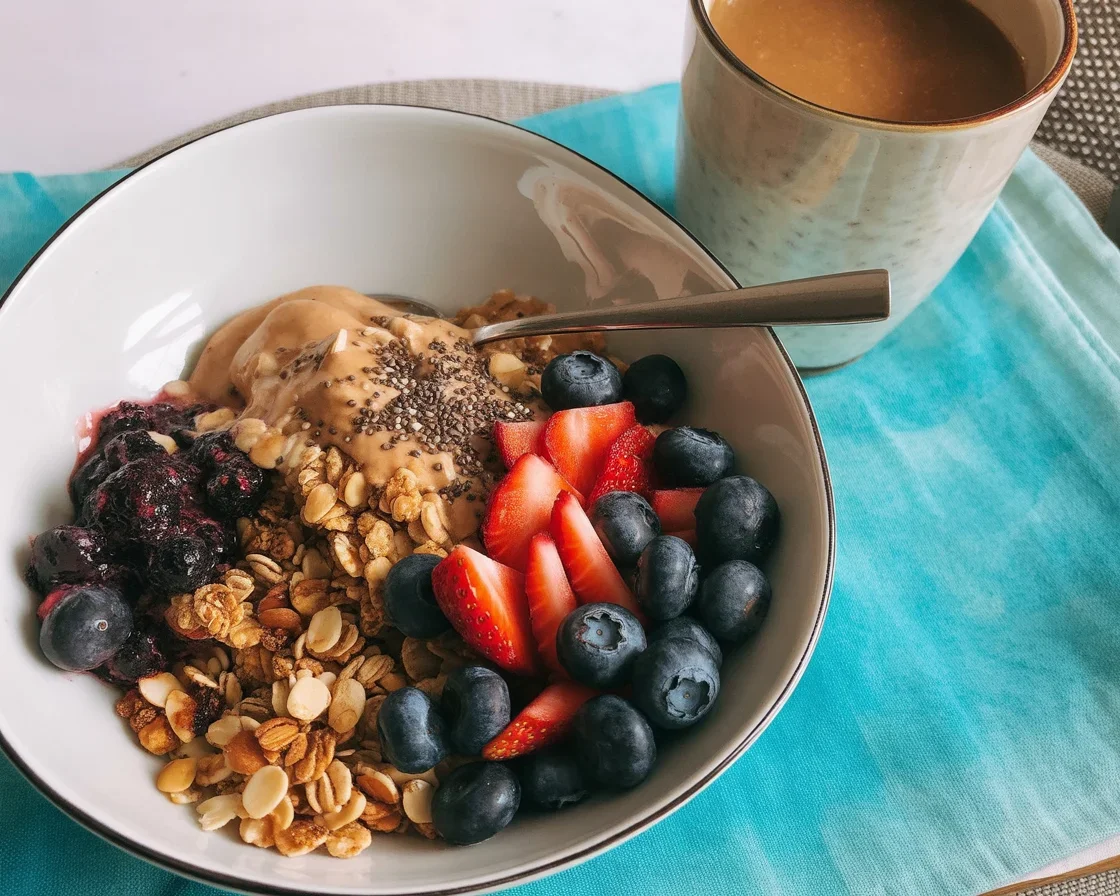 Loaded cereal bowl with fruits, nuts, and toppings for a nutritious breakfast