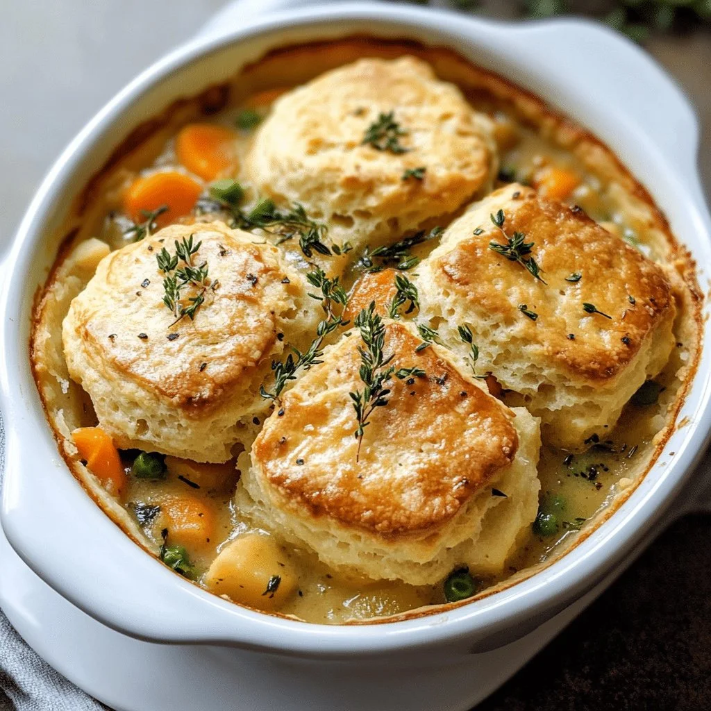 Delicious Biscuit and Vegetable Pot Pie with a golden crust and fresh ingredients.