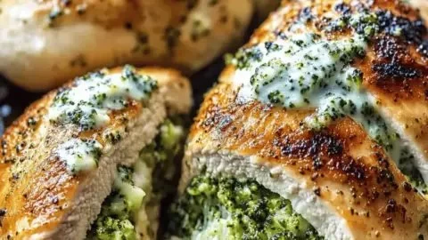 Broccoli Cheddar Stuffed Chicken Breasts garnished with fresh herbs