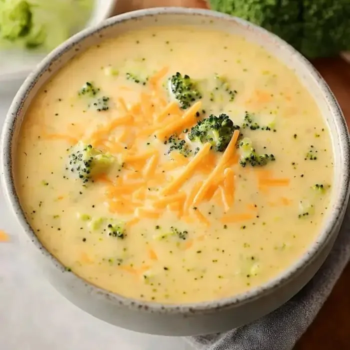 Bowl of warm broccoli cheese soup garnished with fresh herbs