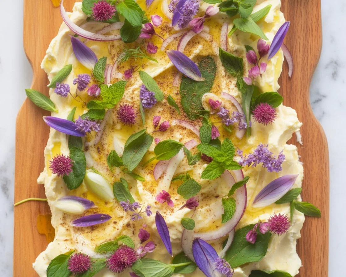 A beautifully arranged butter board topped with herbs, spices, and served with crusty bread.