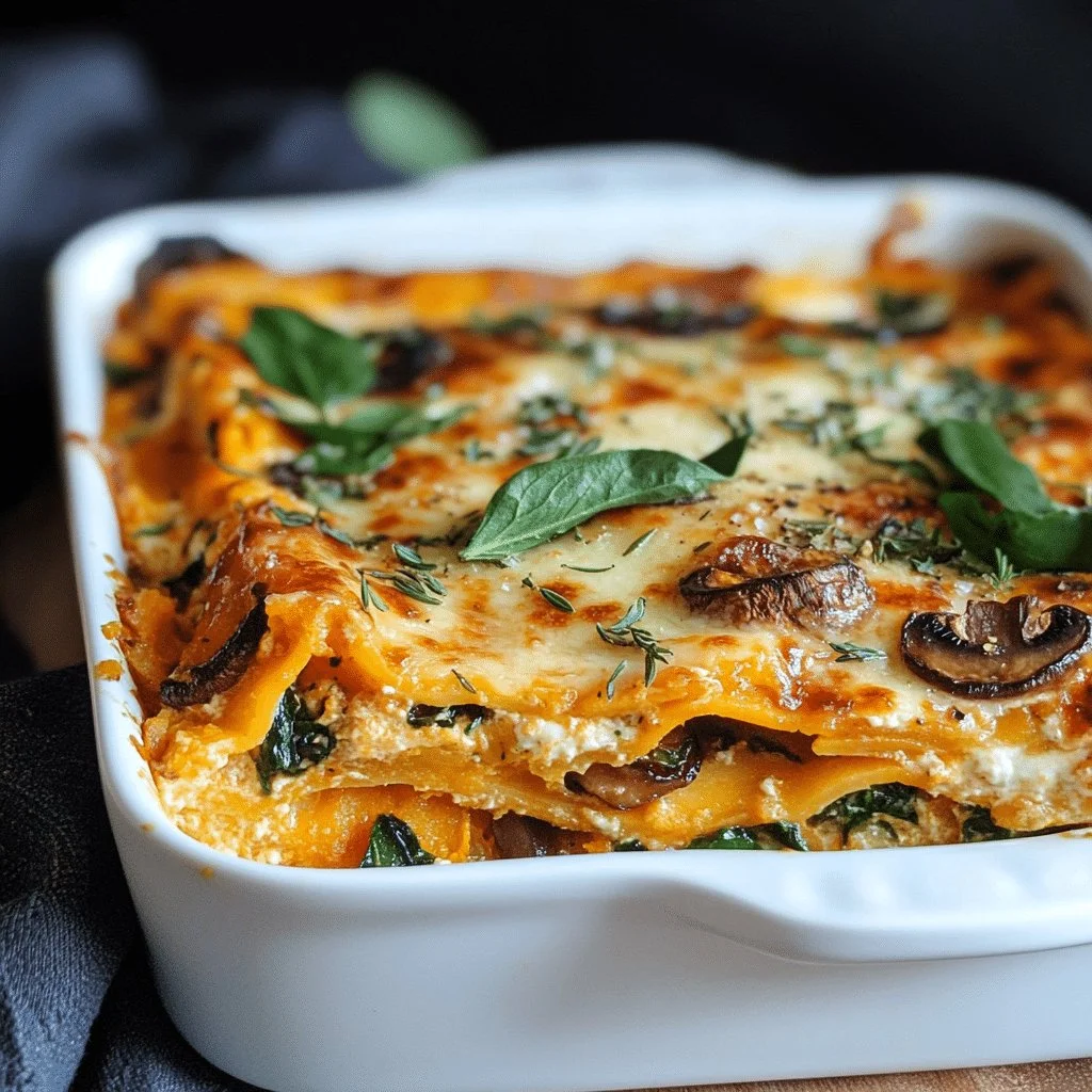 Butternut squash lasagna layered with mushrooms and spinach