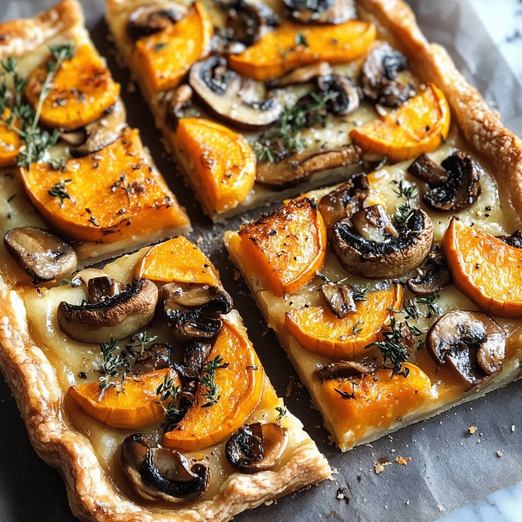 Delicious butternut squash and mushroom tart on a rustic wooden table