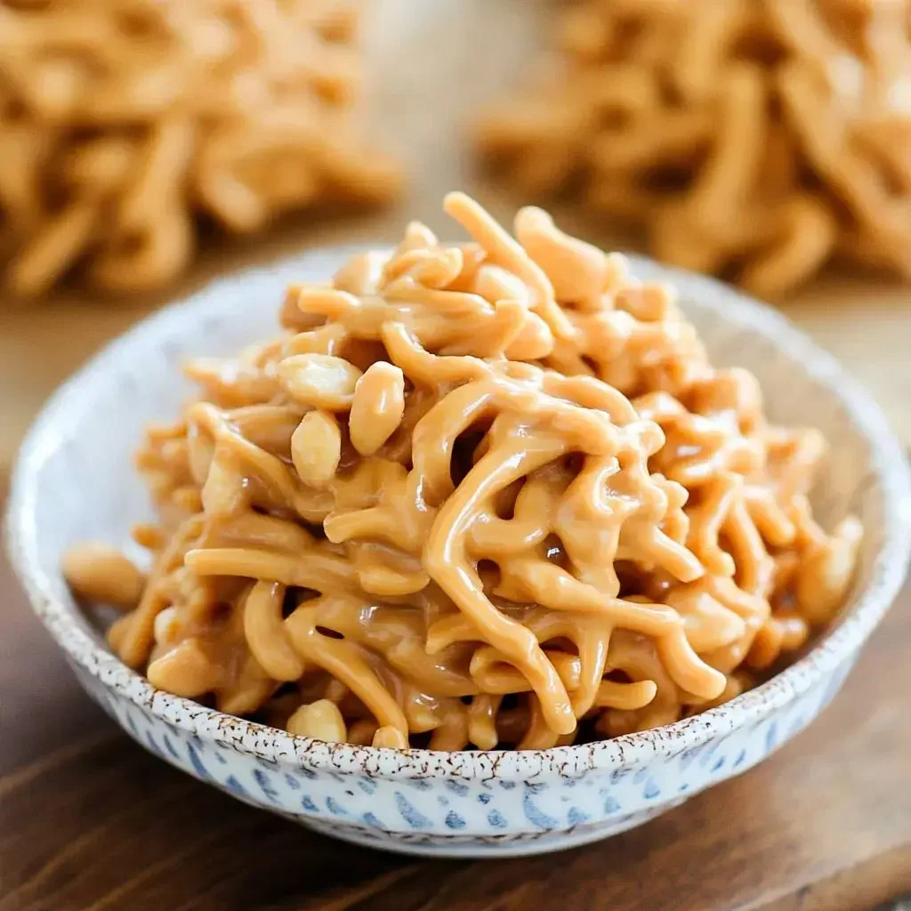 A plate of homemade butterscotch haystacks with chocolate and peanuts.