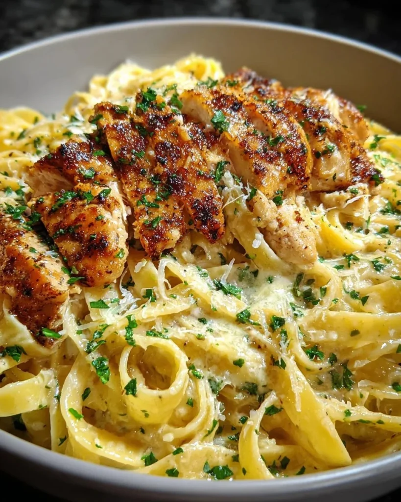 Plate of Cajun Chicken Fettuccine Alfredo garnished with parsley