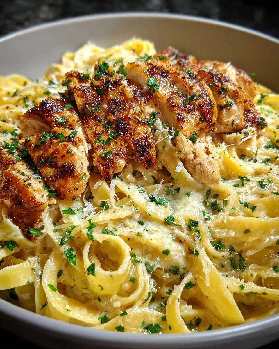Plate of Cajun Chicken Fettuccine Alfredo garnished with parsley