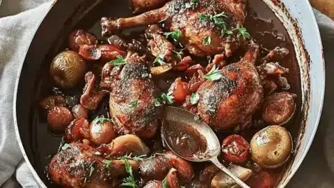 Cajun Coq au Vin served in a rustic bowl, showcasing comfort food flavors.