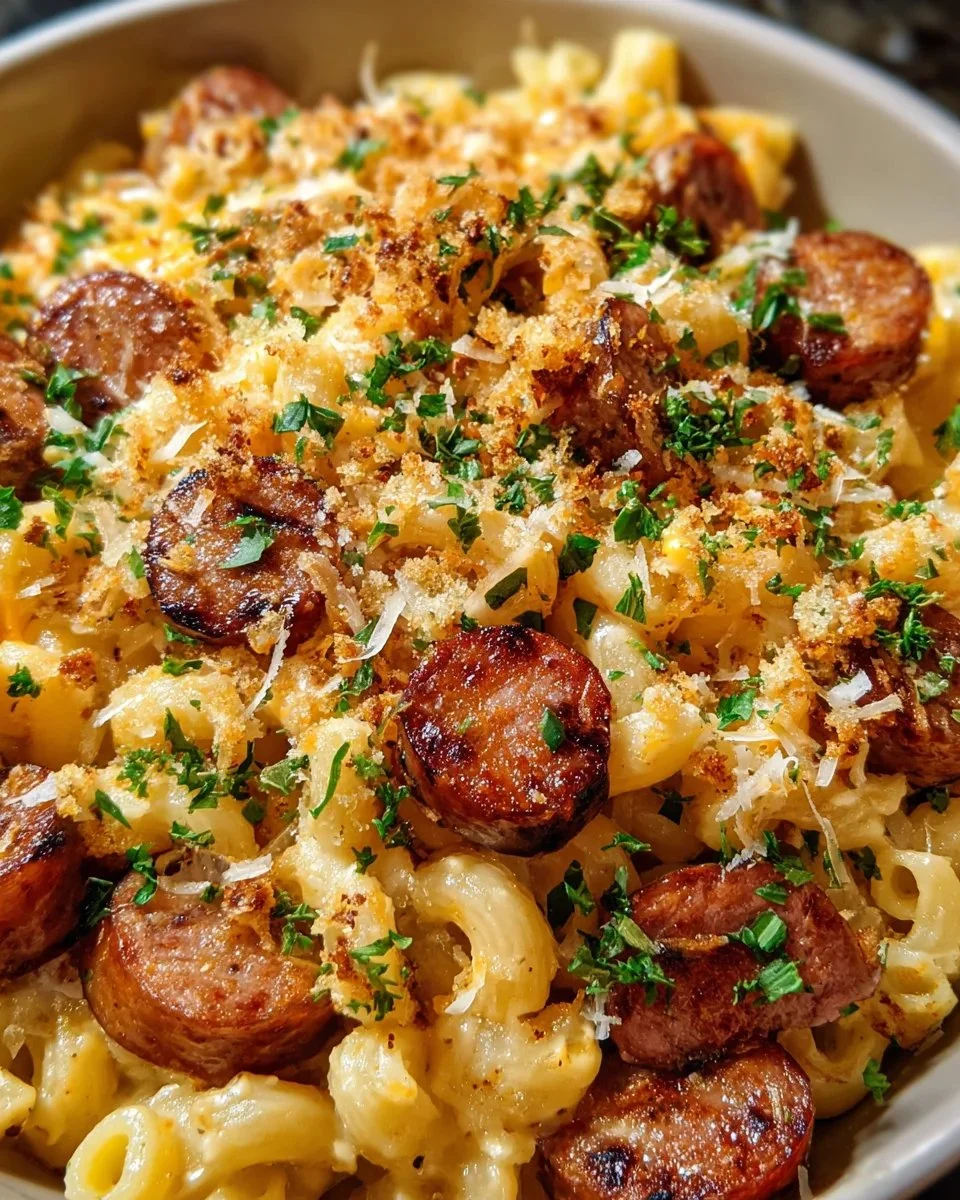 Cajun macaroni cheese with Andouille sausage in a creamy sauce