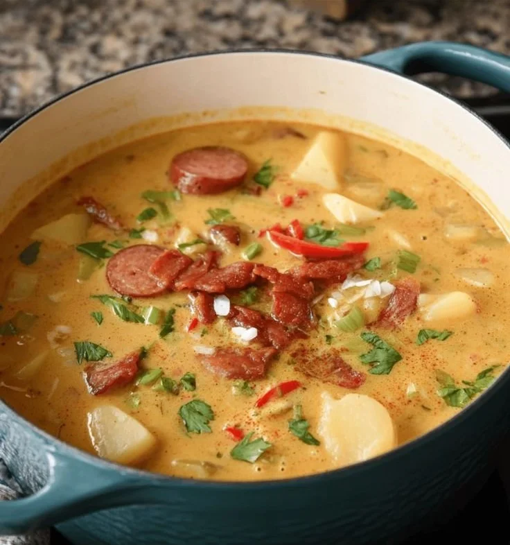 Bowl of Cajun Potato Soup topped with green onions and spices