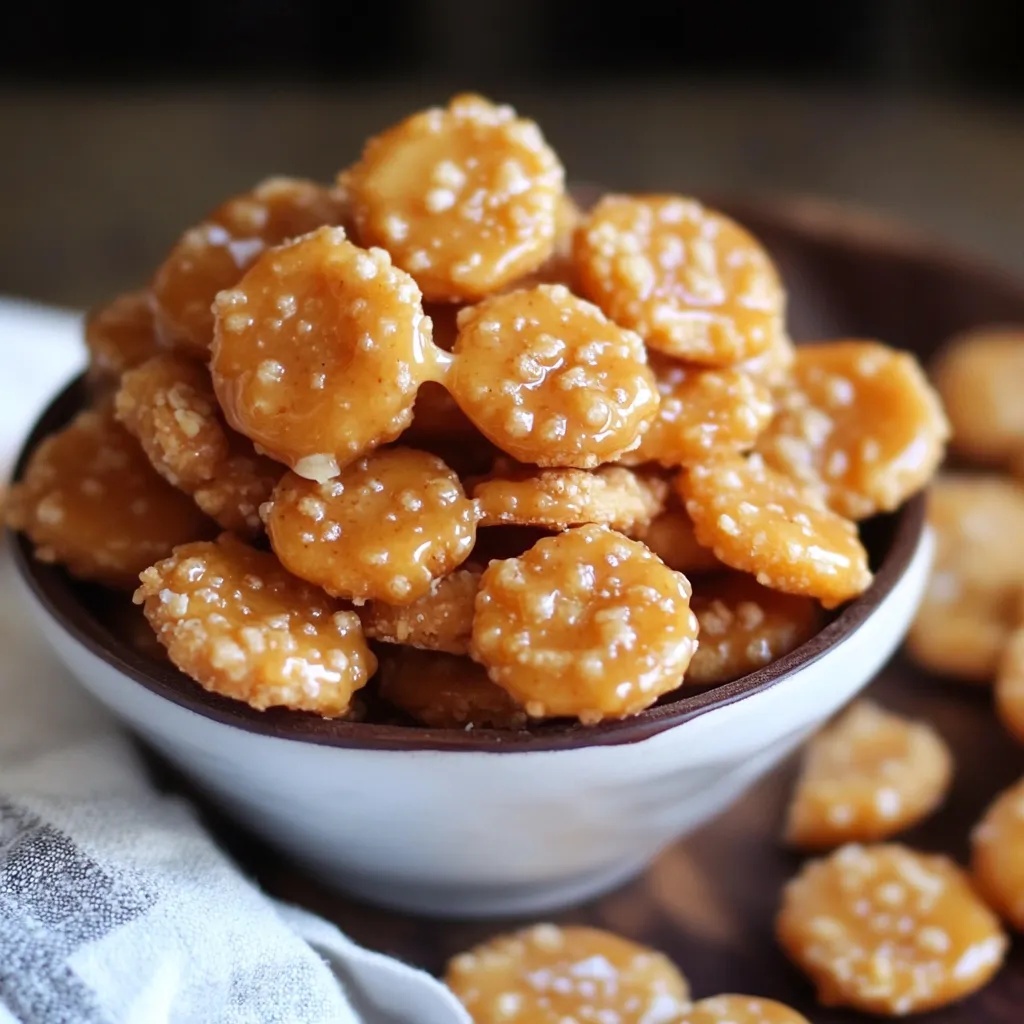 Sweet caramel crackers stacked in a small white bowl, surrounded by extra crunchy treats on a cloth napkin.