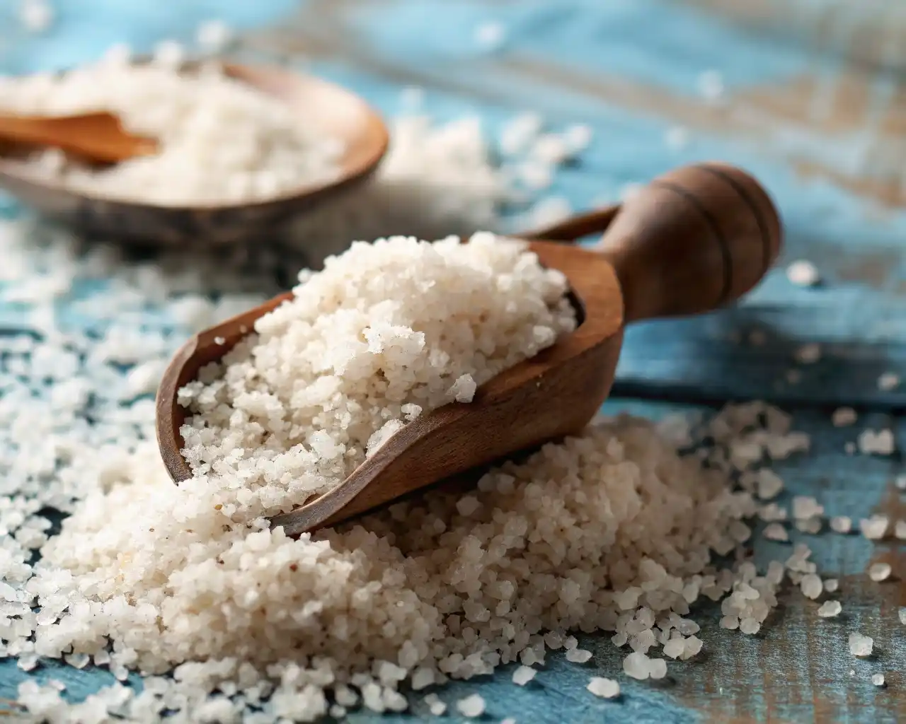 Close-up of mineral-rich Celtic sea salt trick holded by a wooden spoon