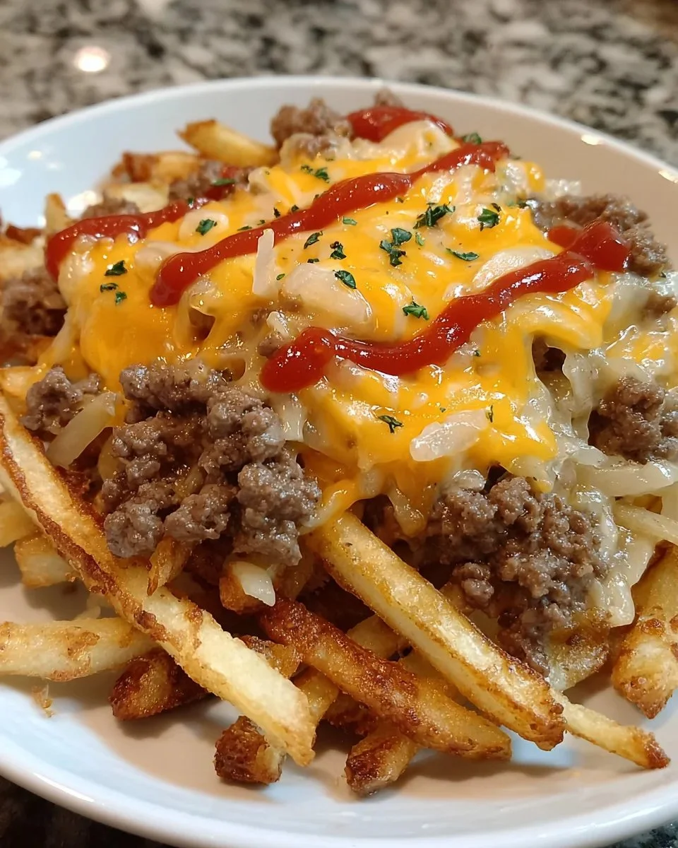 Delicious Cheeseburger French Fry Casserole topped with melted cheese and fries.