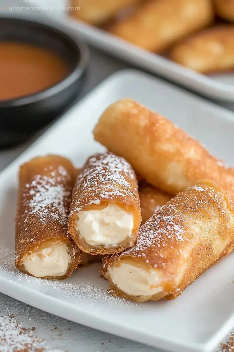 Delicious cheesecake chimichangas drizzled with chocolate sauce and topped with whipped cream