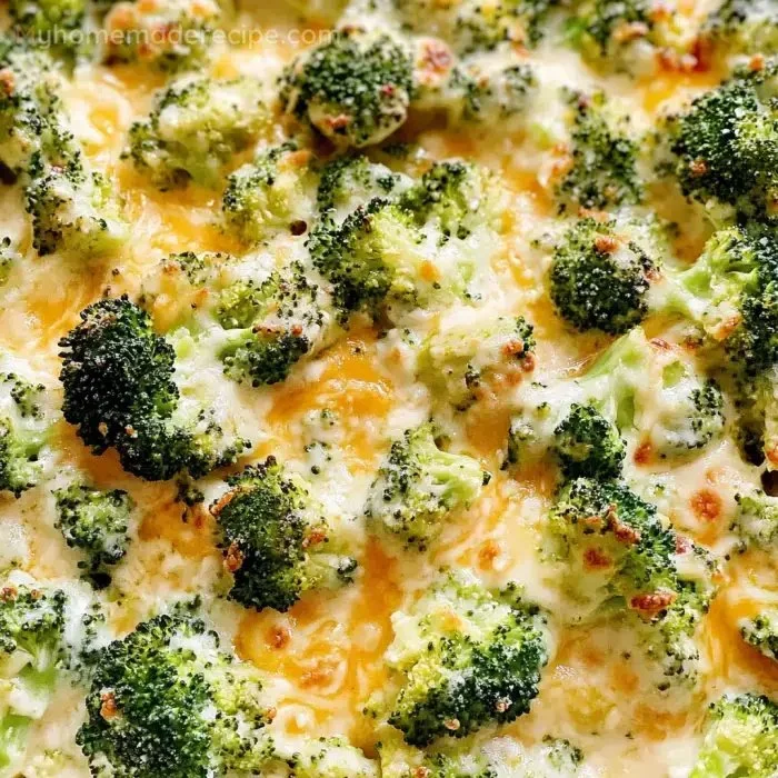 Cheesy baked broccoli dish with melted cheese on top
