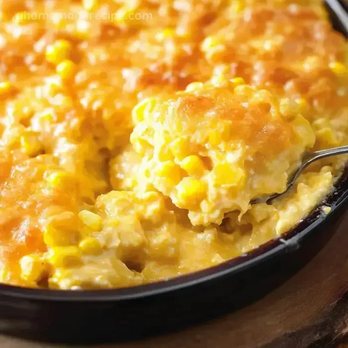 Cheesy corn casserole dish garnished and ready to serve