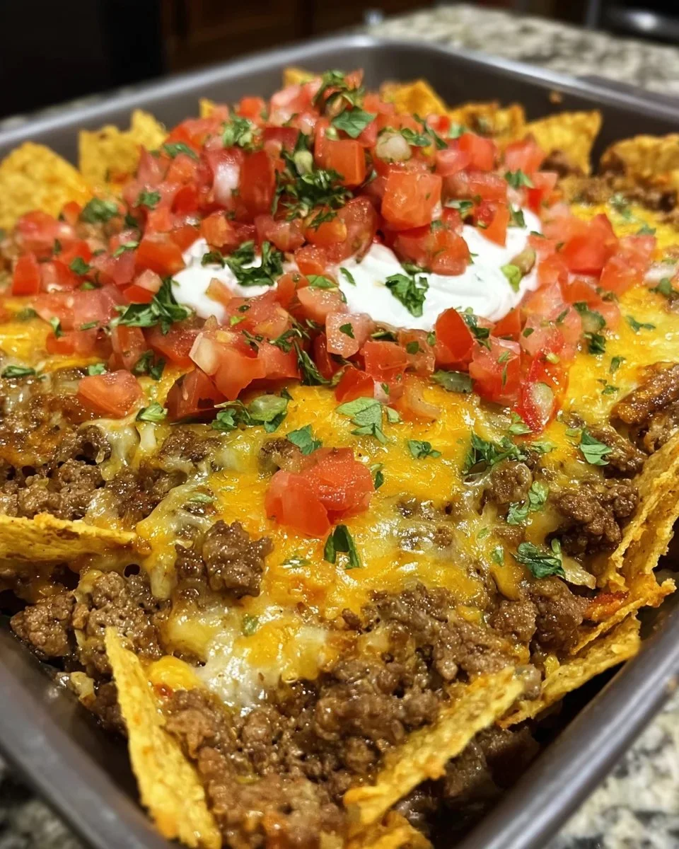 Cheesy Dorito Taco Casserole topped with crunchy Doritos and melted cheese
