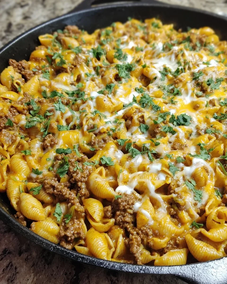 Cheesy Enchilada Hamburger Helper served in a bowl with toppings