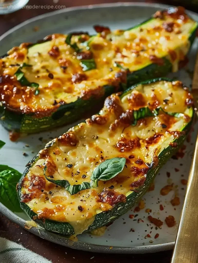 Cheesy garlic zucchini steaks topped with melted cheese and herbs