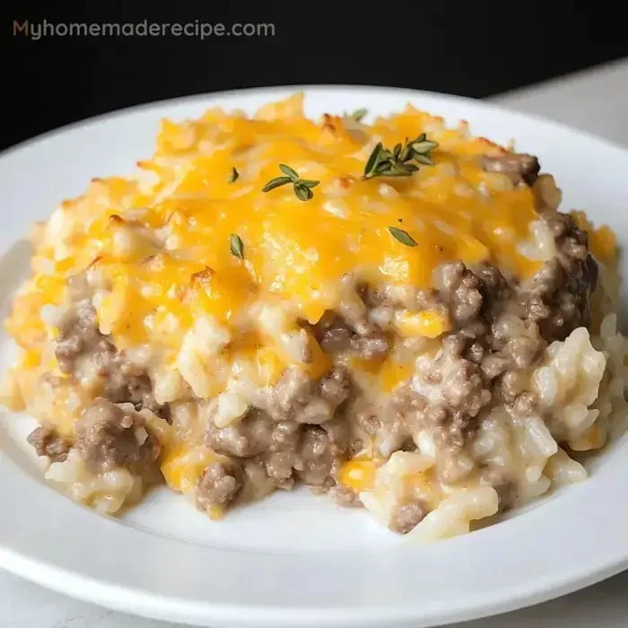 Cheesy Hamburger Rice dish garnished with fresh herbs, comfort food served warm