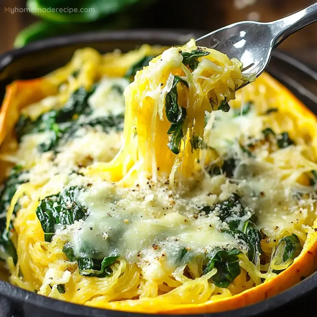 Baked Cheesy Spaghetti Squash with Spinach topped with melted cheese.