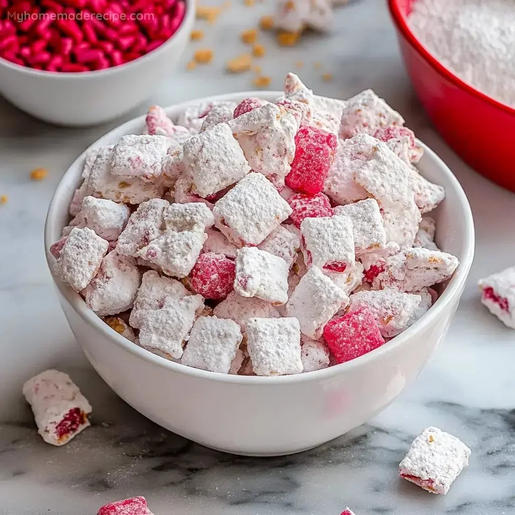 Cherry Cheesecake Puppy Chow dessert mix in a bowl with cherries and cheesecake flavoring.