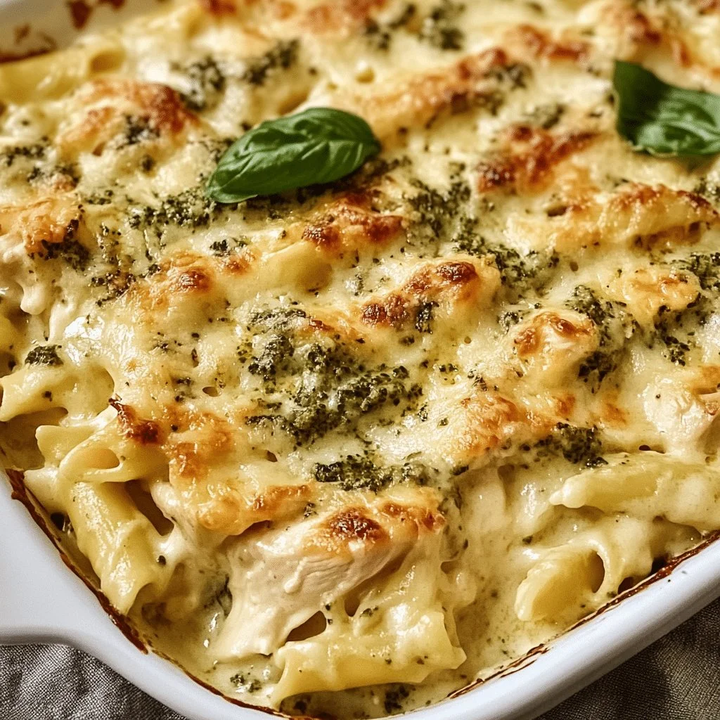 Creamy Chicken Alfredo Casserole with Spinach and Pesto dish
