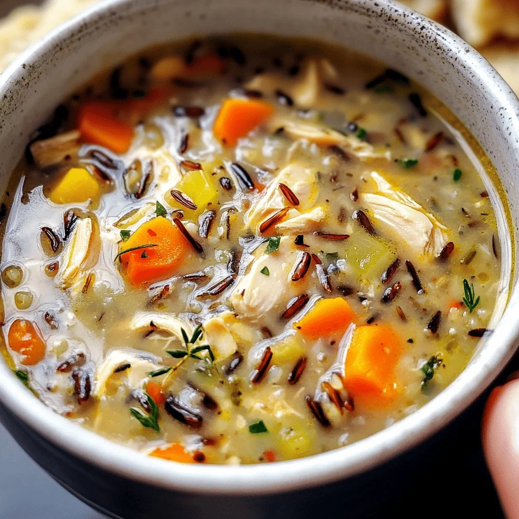 Bowl of Chicken and Wild Rice Soup with vegetables and herbs