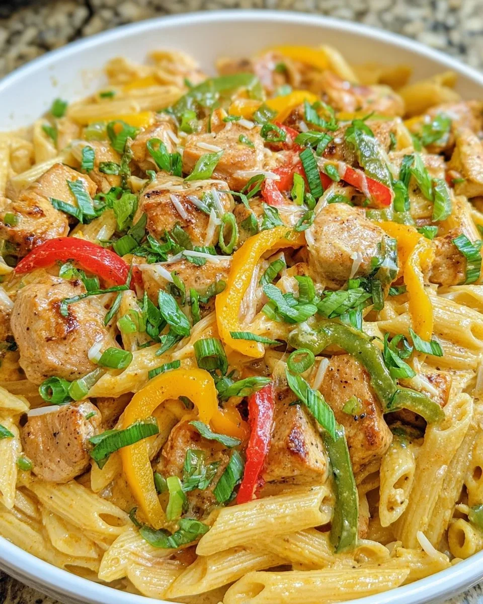 Delicious Chicken Jerk Pasta served in a bowl, showcasing Caribbean flavors.