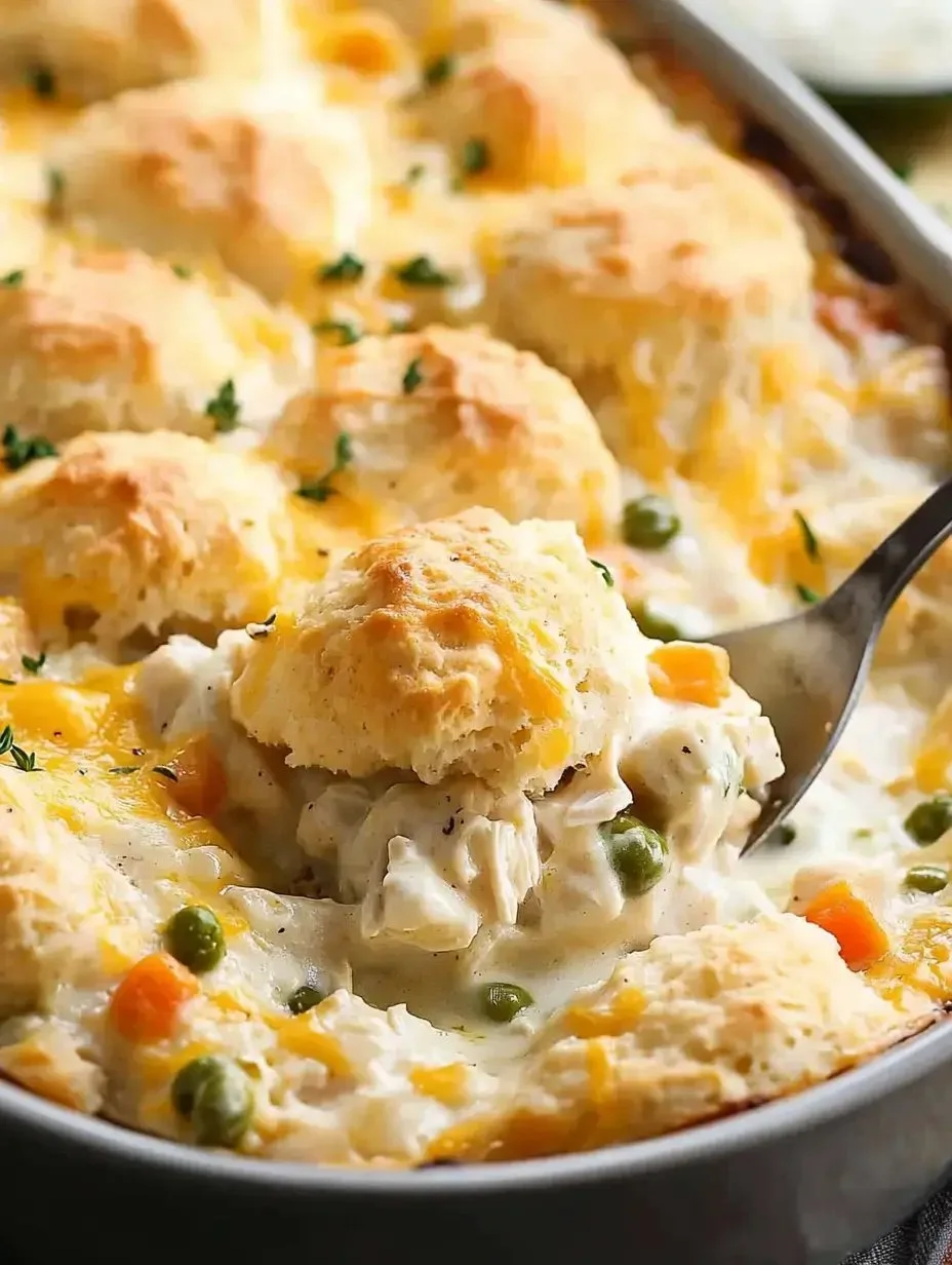 Delicious chicken pot pie casserole served in a baking dish