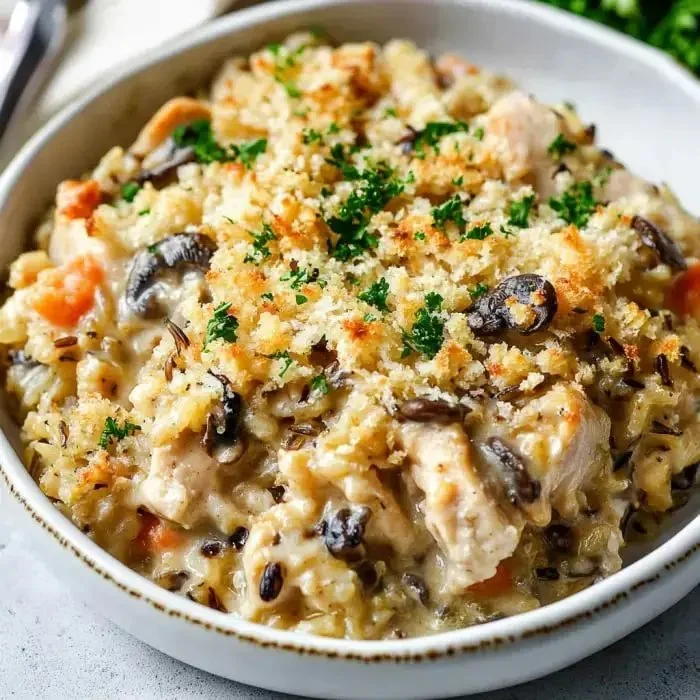 Chicken Wild Rice Casserole served in a baking dish, topped with fresh herbs.