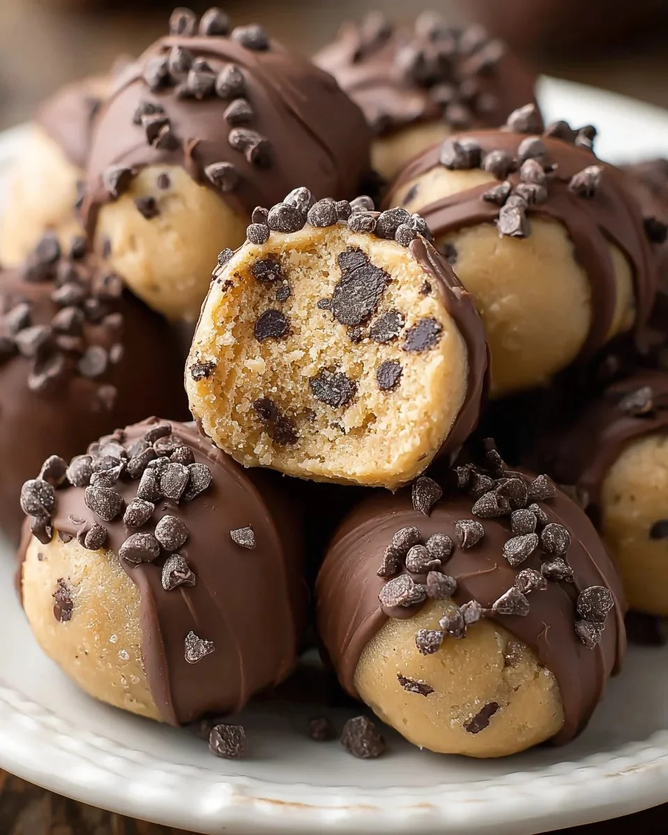 Delicious chocolate chip cookie dough truffles stacked on a plate