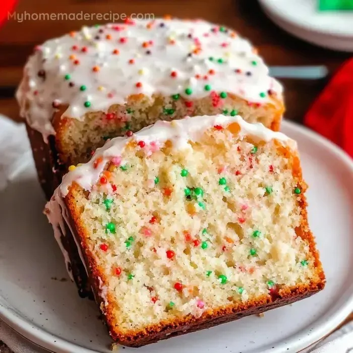 Sliced Christmas Funfetti Bread with colorful sprinkles on a festive table