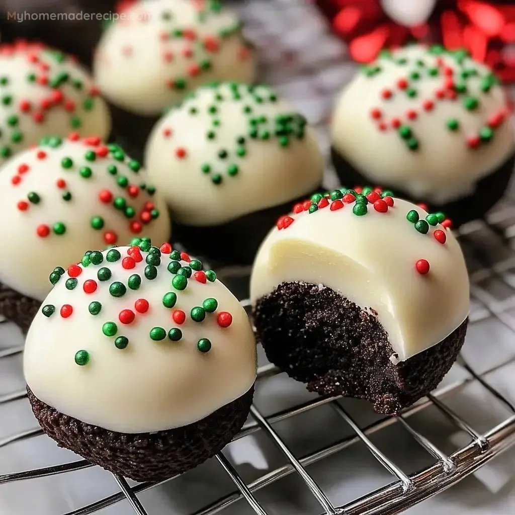 Delicious Christmas Oreo Balls covered in chocolate and sprinkled with festive decorations