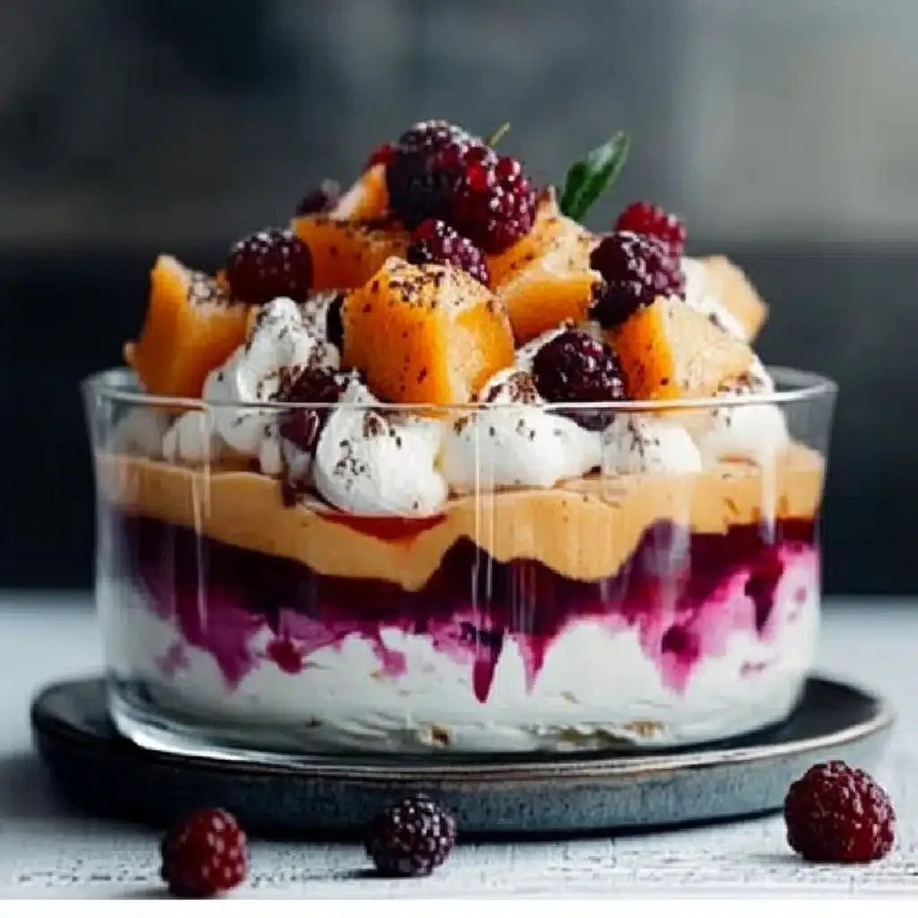 Delicious Christmas Pavlova Trifle dessert layered with cream and fruits