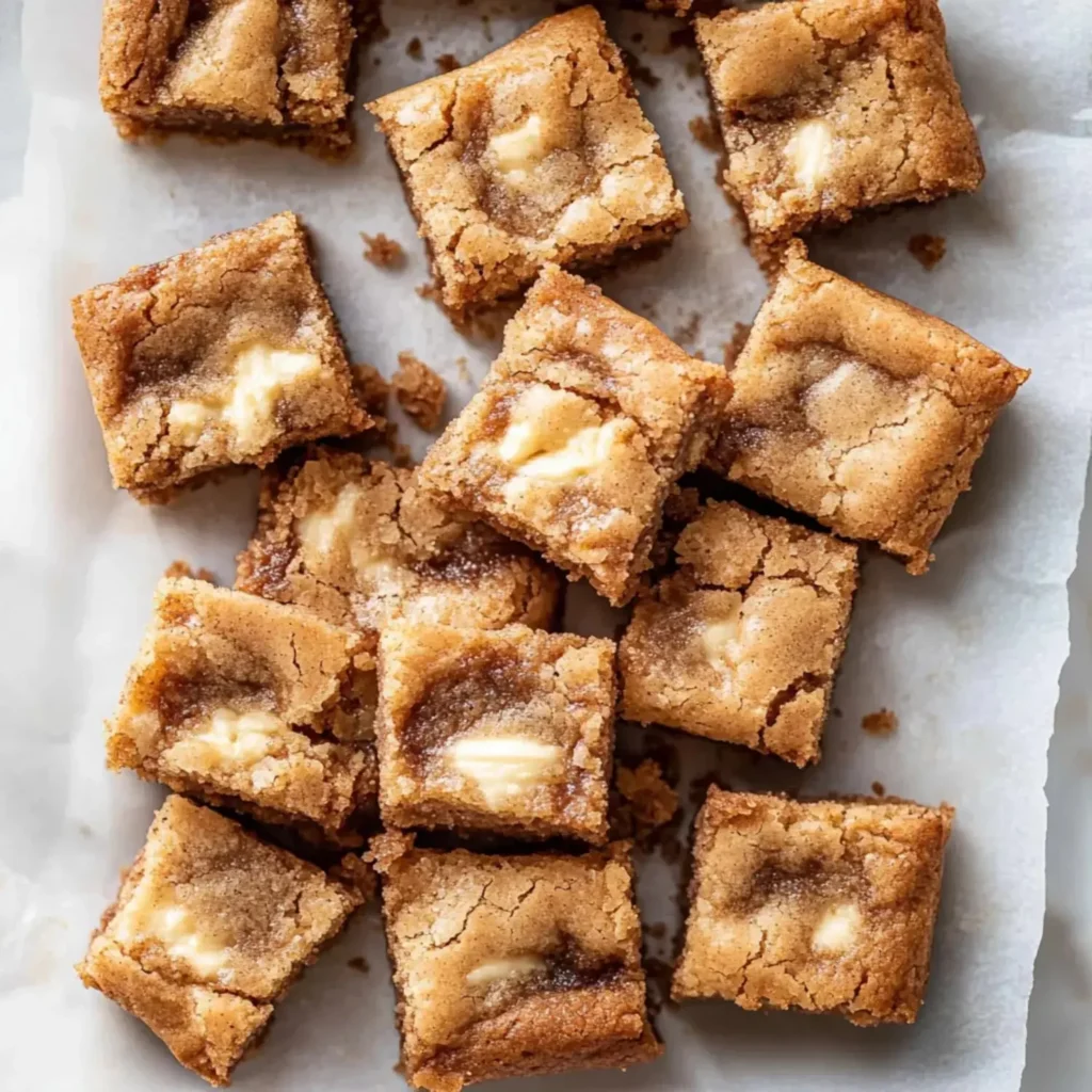 Delicious cinnamon blondies topped with a sprinkle of cinnamon sugar