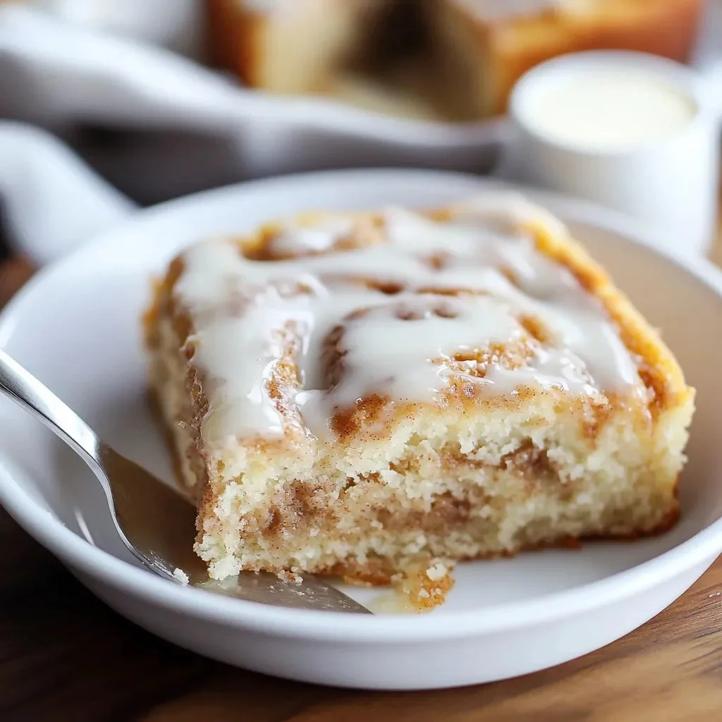 Delicious Cinnamon Roll Cake Delight topped with creamy icing and cinnamon swirls