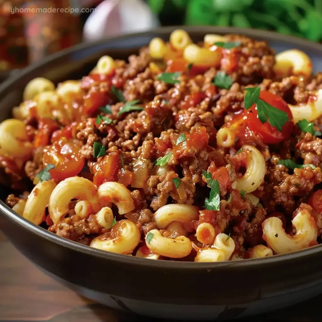 Classic Beefaroni dish with pasta and beef in a rich tomato sauce