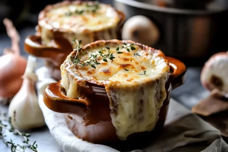 Bowl of classic French onion soup topped with cheese and croutons