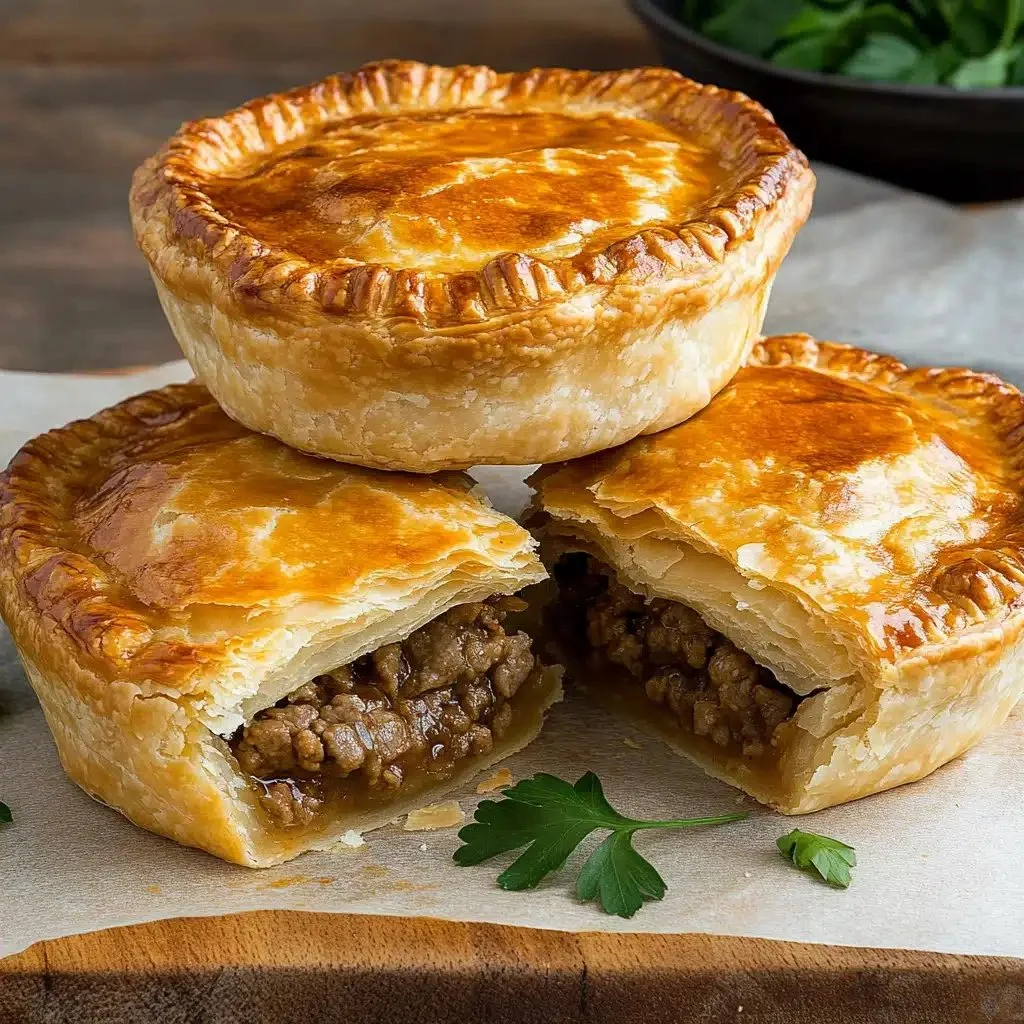 Classic meat pie, a delicious British comfort food dish, garnished and served warm.