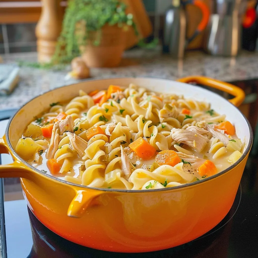 Bowl of homemade comforting chicken noodle soup with fresh vegetables