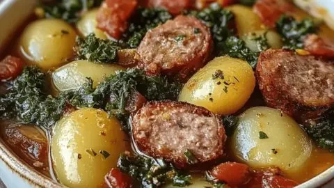 Bowl of hearty sausage soup with potatoes, beans, and kale