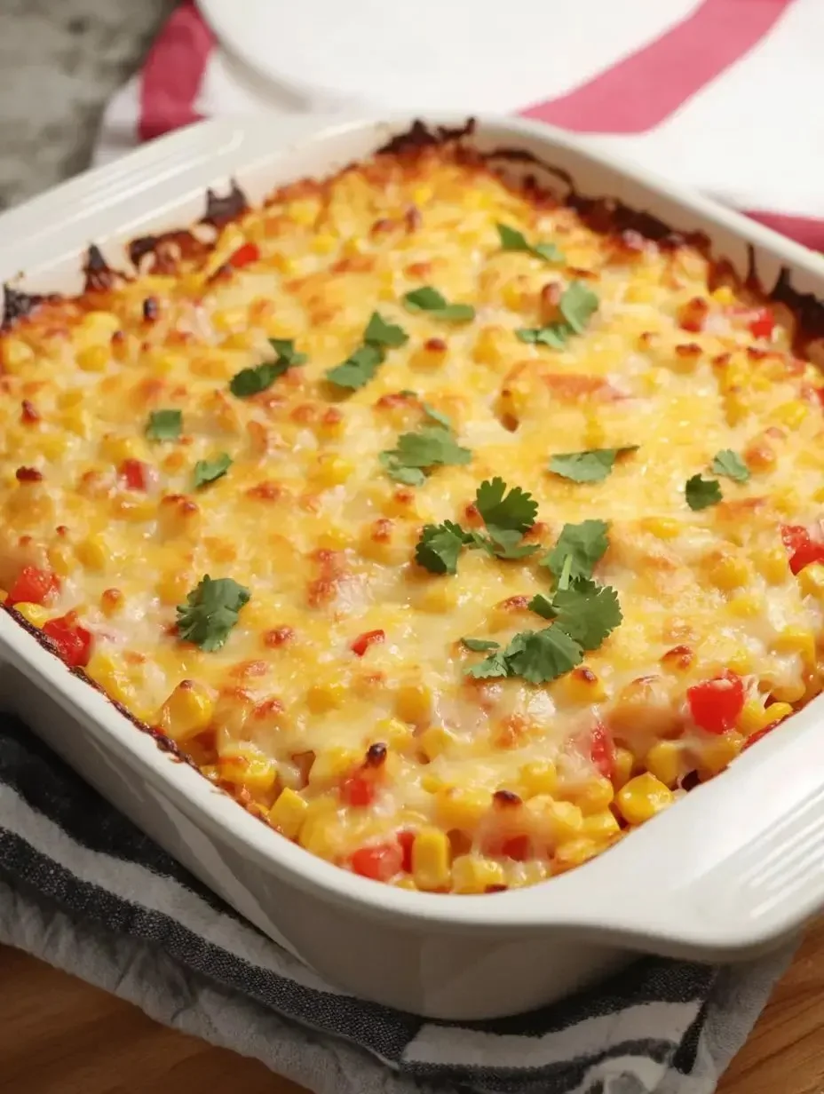 Delicious corn casserole served in a baking dish with golden crust