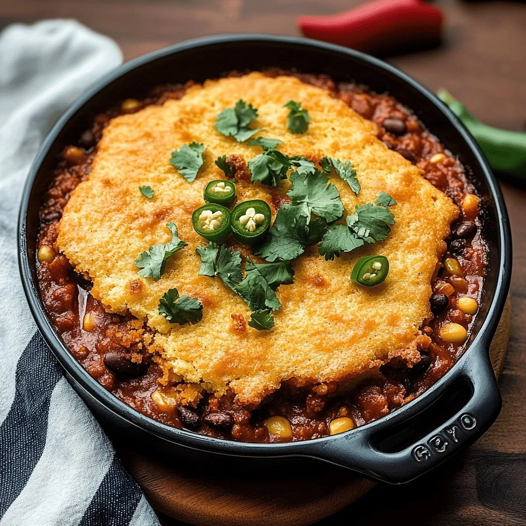 Delicious Cornbread Chili Casserole served in a baking dish, topped with cheese and herbs.