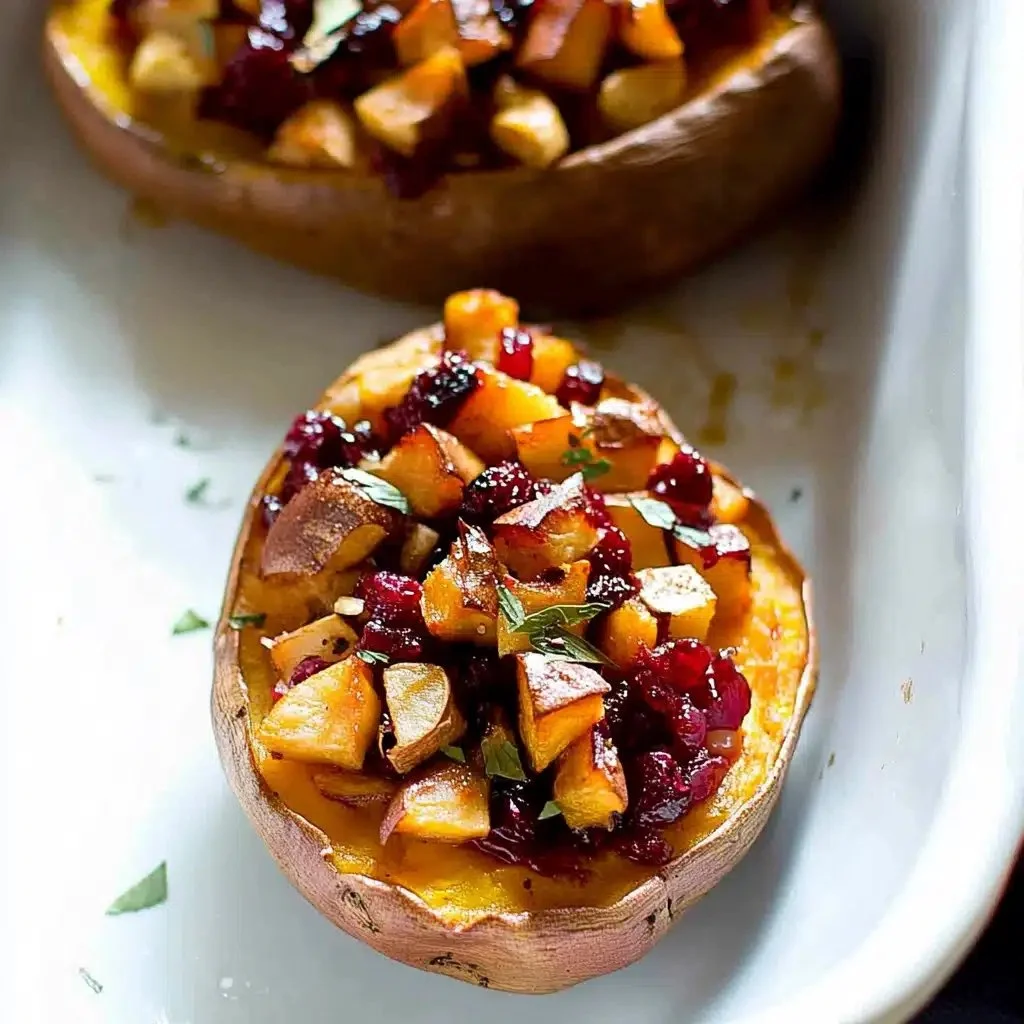 Cozy cranberry apple twice-baked sweet potatoes served in a fall-themed dish