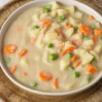 Creamy Veggie Pot Pie Soup filled with vegetables and herbs in a cozy bowl.